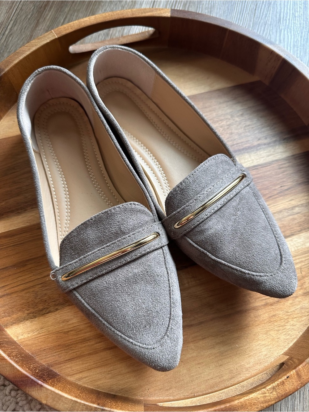 Pointed Toe Taupe Suede Loafers with Gold Accent